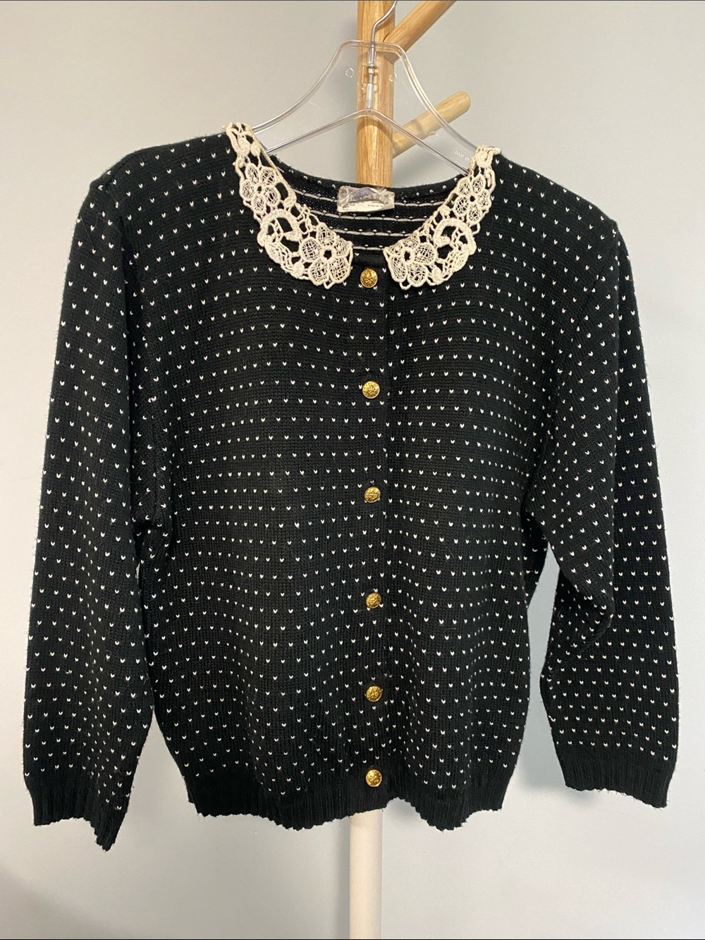 Vintage Black Crochet Collar Button-Front Women's Sweater